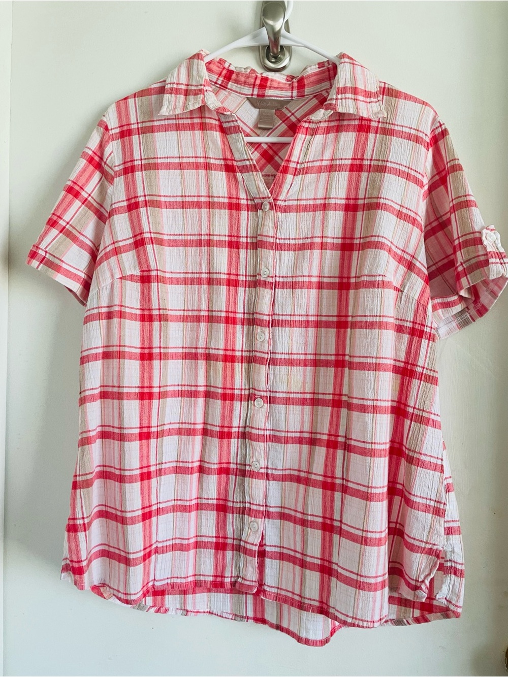 White Stag Pink & White Plaid Short-Sleeve Button Front Blouse